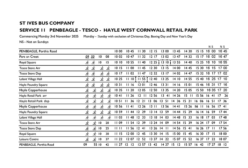 St Ives Cornwall Buses - Timetable - Route 11